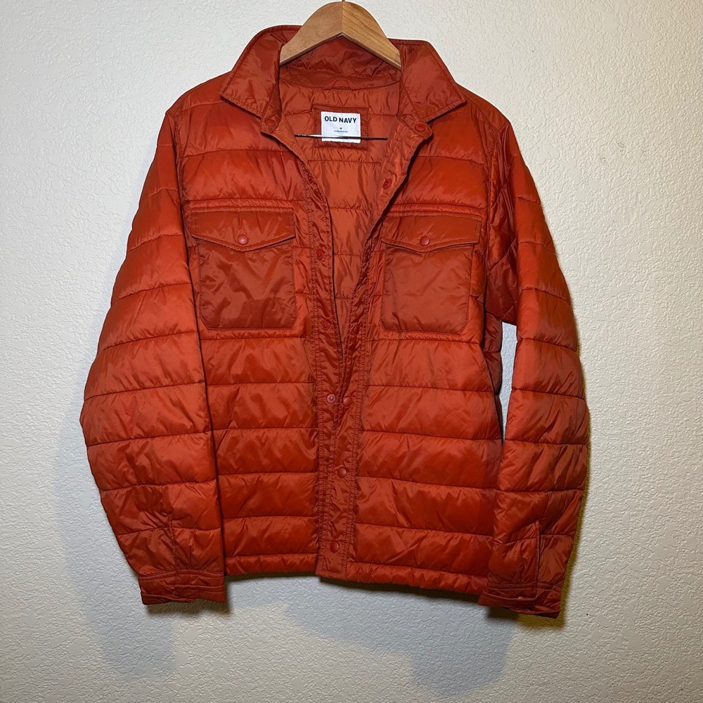 Old Navy Mens M Puffer Shacket Lightweight Water Resistant Collared Orange